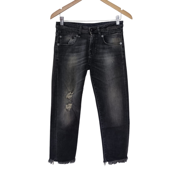 R13 Boy Straight Distressed Frayed Mid Rise Jeans in Black Wash Size 26 $398 - Picture 7 of 11